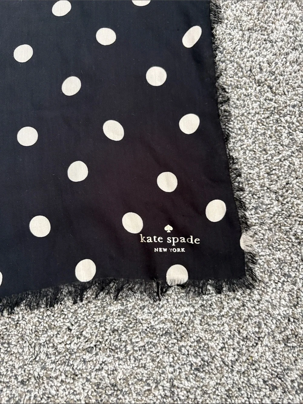 Kate Spade New York Scarf in Black and Cream Polka Dots with Fringed Edge
